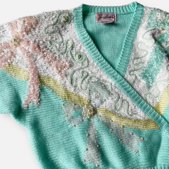 80s Jaclyn Smith Mint Green Beaded Sweater Pastel Pearls Grannycore Barbiecore M - Picture 6 of 15